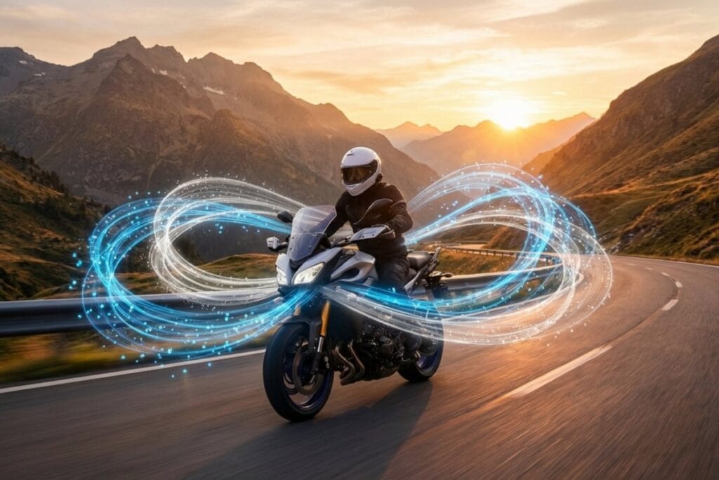 夕景の山道を走るバイクを囲む音の軌跡。耳を塞がない装備で安全に音楽を聴く方法のイメージ