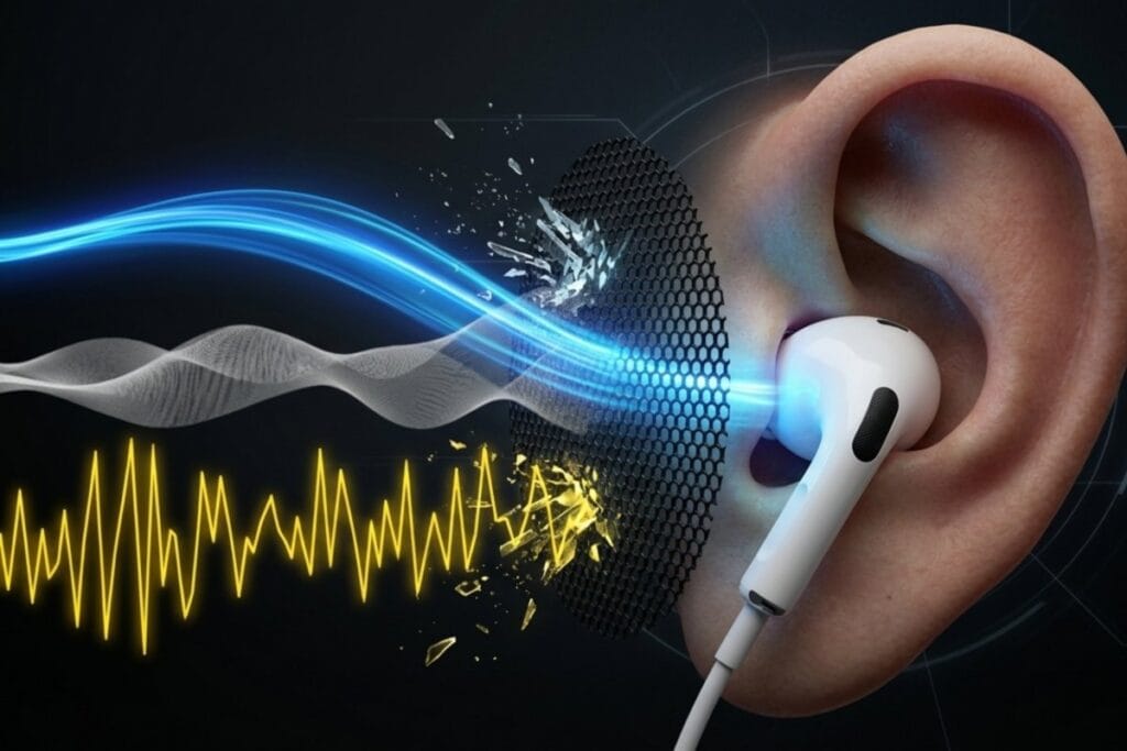 片耳イヤホンを付けた耳のアップと波形。周囲の音が聞こえにくい状態が違反判断になるリスク