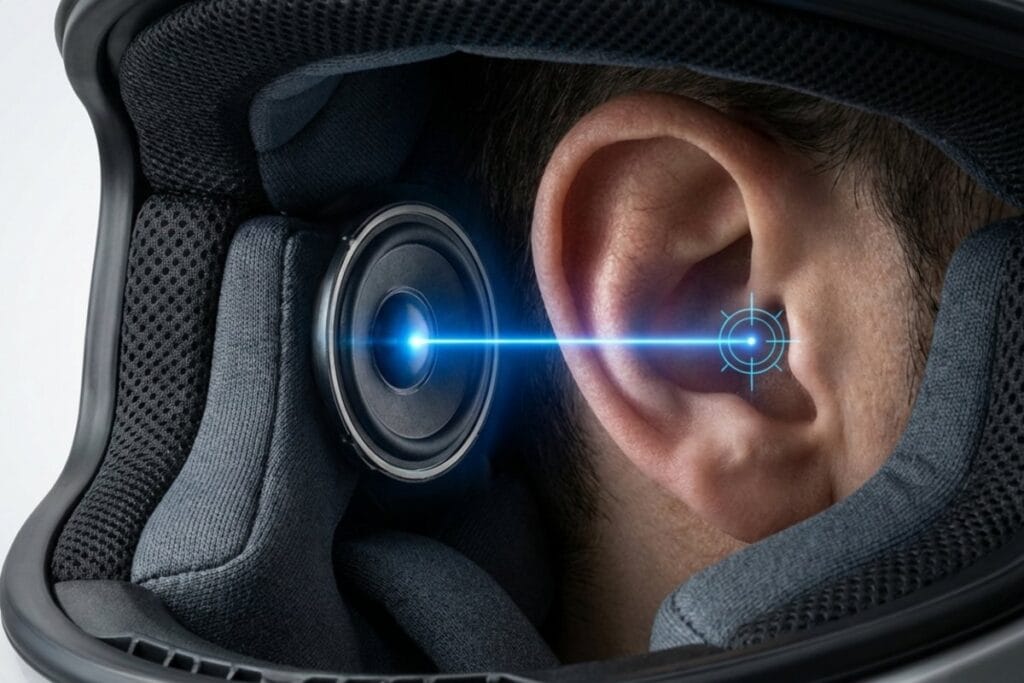 ヘルメット内スピーカーを耳の位置に合わせるイメージ。スピーカー取り付け位置で音質を改善するコツ