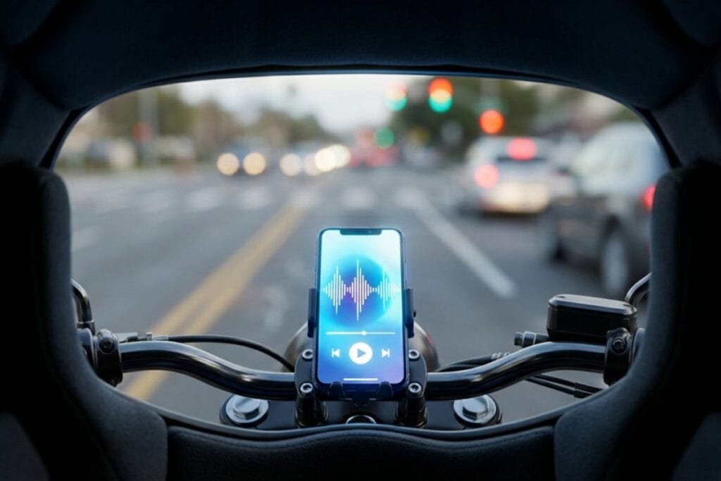 ハンドルに固定したスマホに音楽アプリが表示された走行視点。ながら運転・画面注視の危険