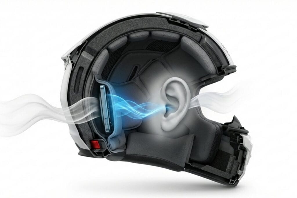 ヘルメット断面図で耳元のインカム(ヘルメットスピーカー)から音が届く様子。安全に音楽を聴く装備