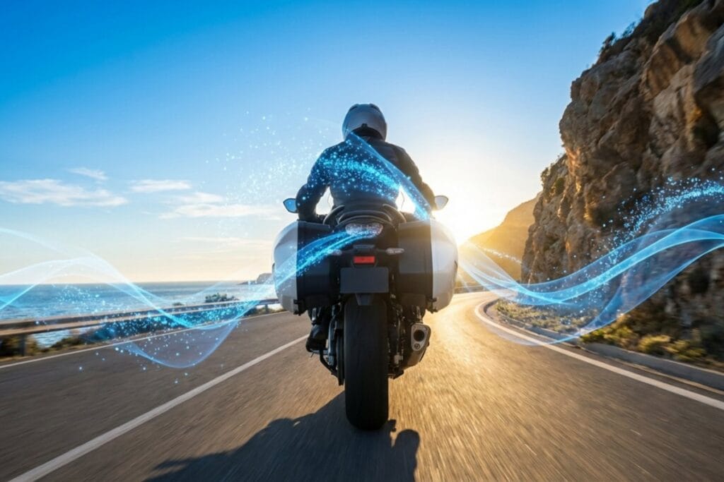 海沿いの道路を走るバイクと音の波の演出。ツーリング中に安全に音楽を楽しむイメージ