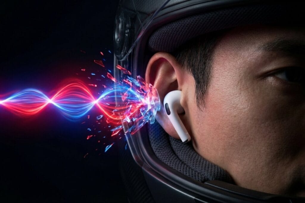 ヘルメット内でワイヤレスイヤホンを装着したライダーの耳元に音波が当たる。走行中イヤホンの危険