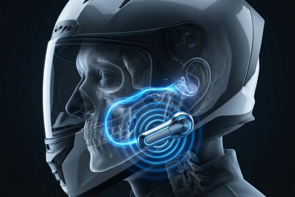 骨伝導デバイスの振動が頭部を通って耳に伝わる図。バイクで耳を塞がず音楽を聴く骨伝導スピーカー