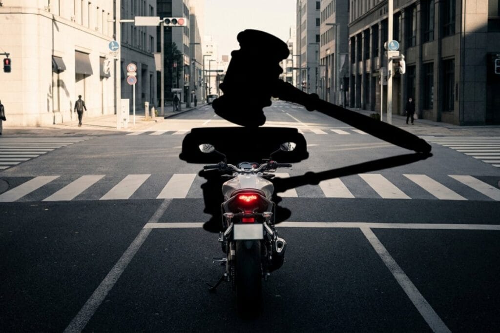 市街地の交差点に停車するバイクと法槌のシルエット。バイクで音楽を聴く法律・取締りの話題