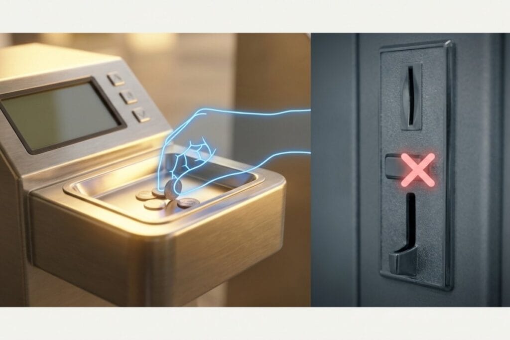 小銭の投入口として給油機のトレイ型と細いスロット型を並べ、赤い×印が付く画像