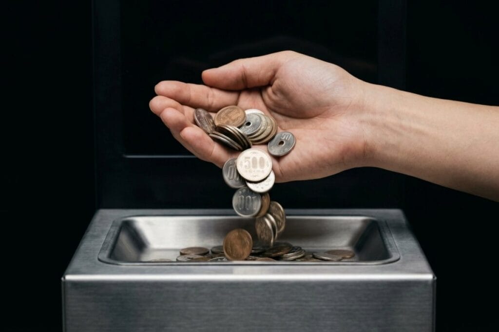 小銭をガソリンスタンド精算機の金属製トレイへまとめて入れる手元の写真