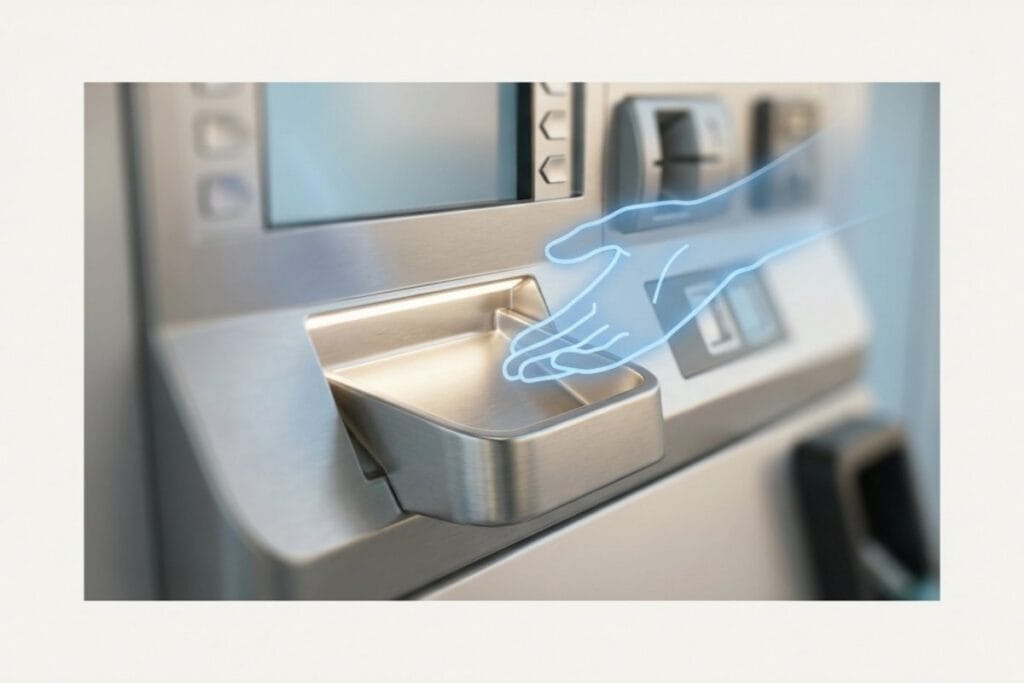 ガソリンスタンドの精算機、硬貨トレイに手を伸ばす輪郭線が重なる接写写真