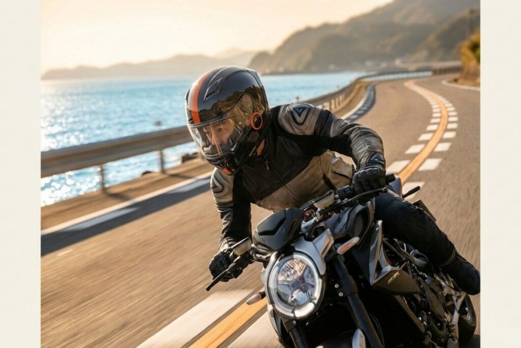 ツーリング中のライダーがフルフェイスヘルメットを着用して走行する写真（自分に合うバイク用フルフェイスヘルメット選びのイメージ）