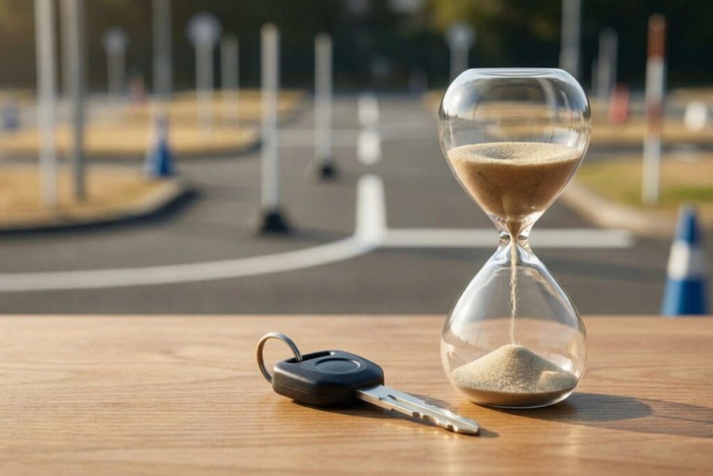 教習コースを背景に砂時計と鍵を置いた机。普通二輪免許の合宿スケジュールと最短日数管理。