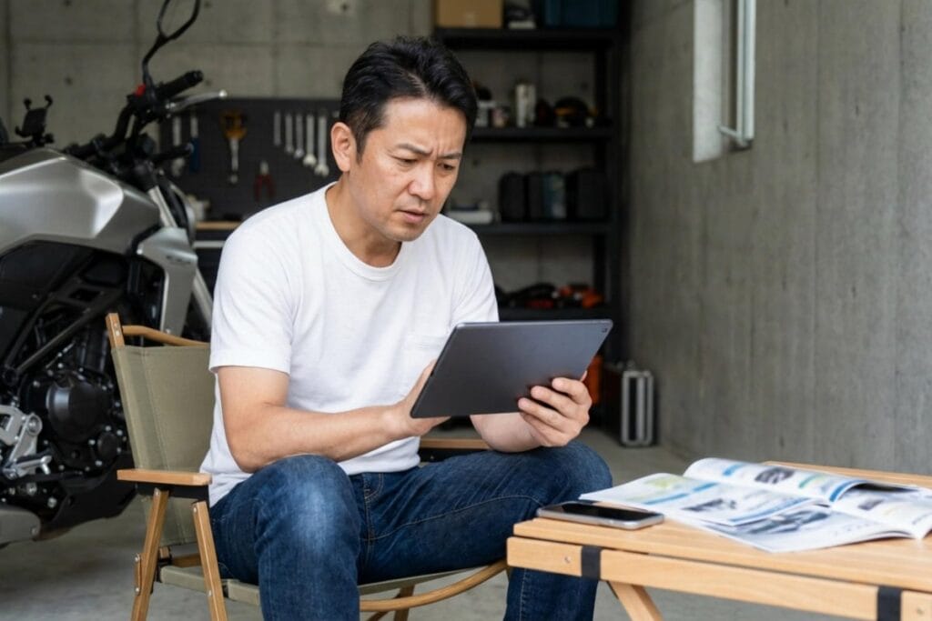 ガレージでタブレットを操作する男性と背景のバイク。バイク買取の査定方法を比較検討している。