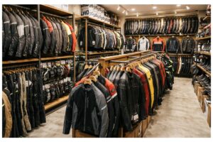 バイクウェアおすすめ商品が並ぶ専門店の売り場風景