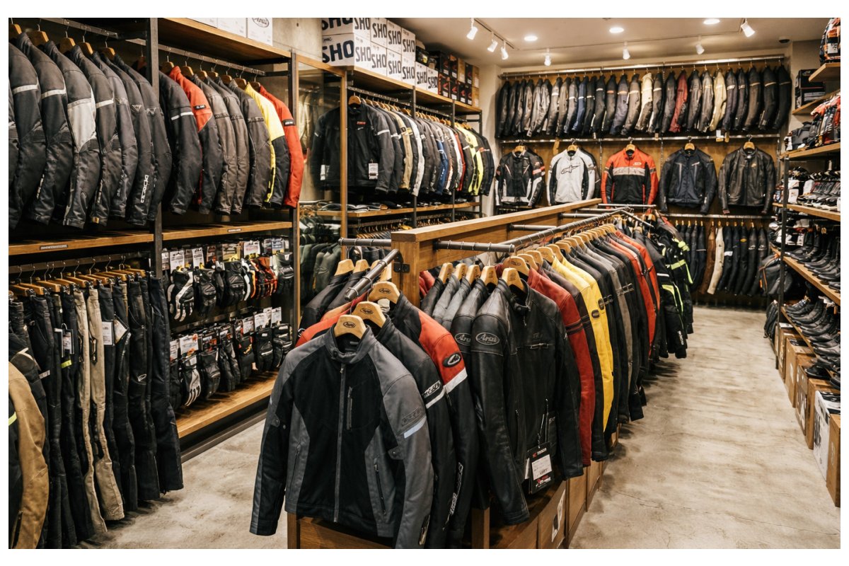 バイクウェアおすすめ商品が並ぶ専門店の売り場風景