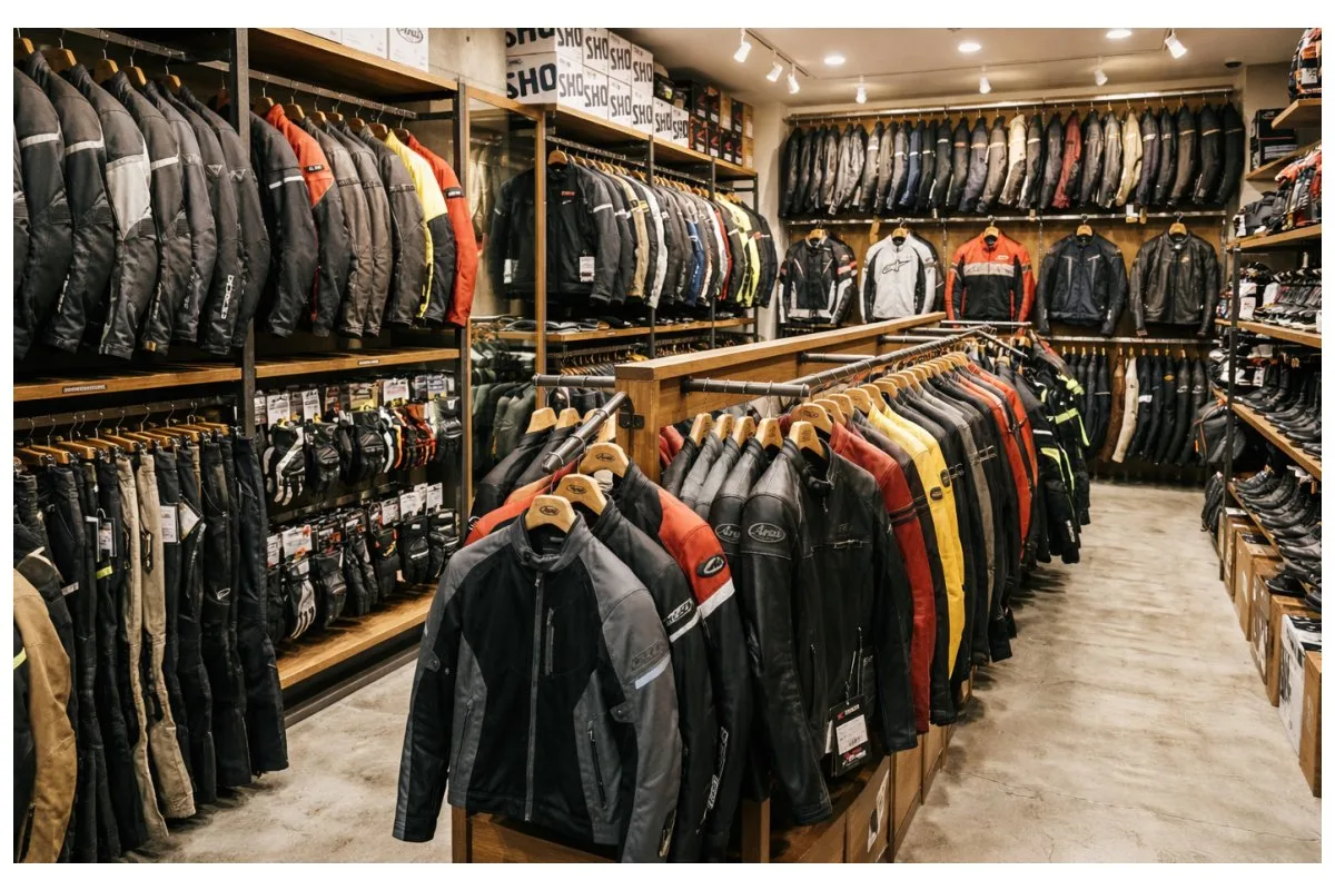バイクウェアおすすめ商品が並ぶ専門店の売り場風景