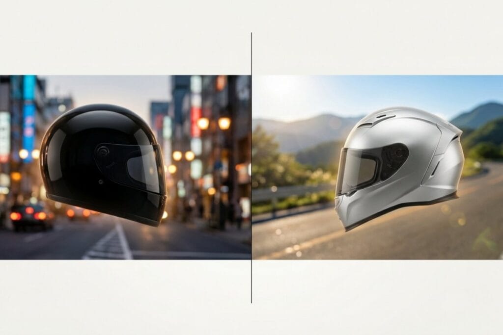 街の背景とツーリング路の背景に、異なるフルフェイスヘルメットを並べた比較画像（用途別に選ぶバイク用フルフェイスヘルメット）