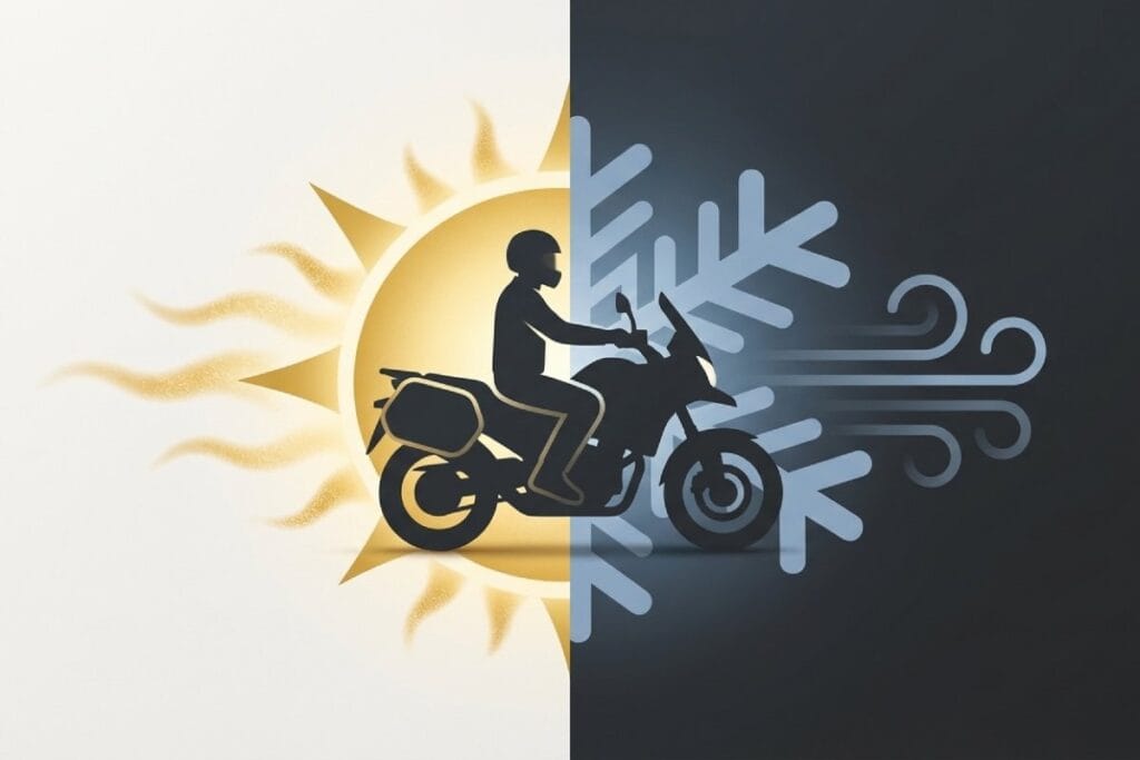 太陽と雪のアイコンで暑さ・寒さを対比したイラスト。夏冬のバイク防暑・防寒対策グッズを示す