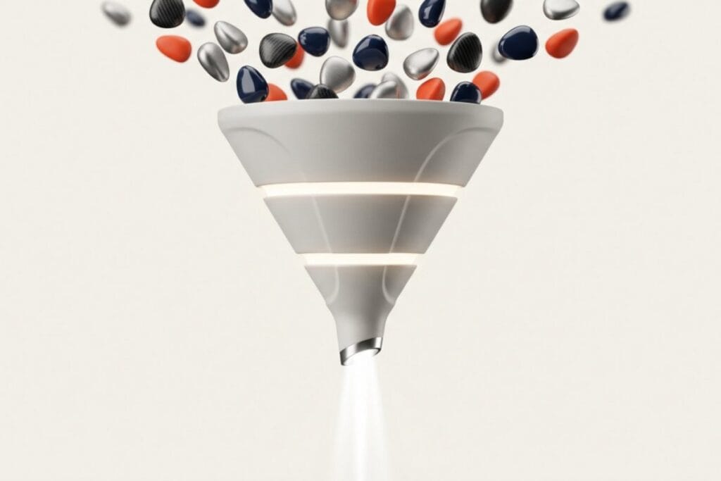 多くの選択肢が漏斗に集約されるイメージ（バイク用フルフェイスヘルメットを用途と基準で絞り込む選び方）