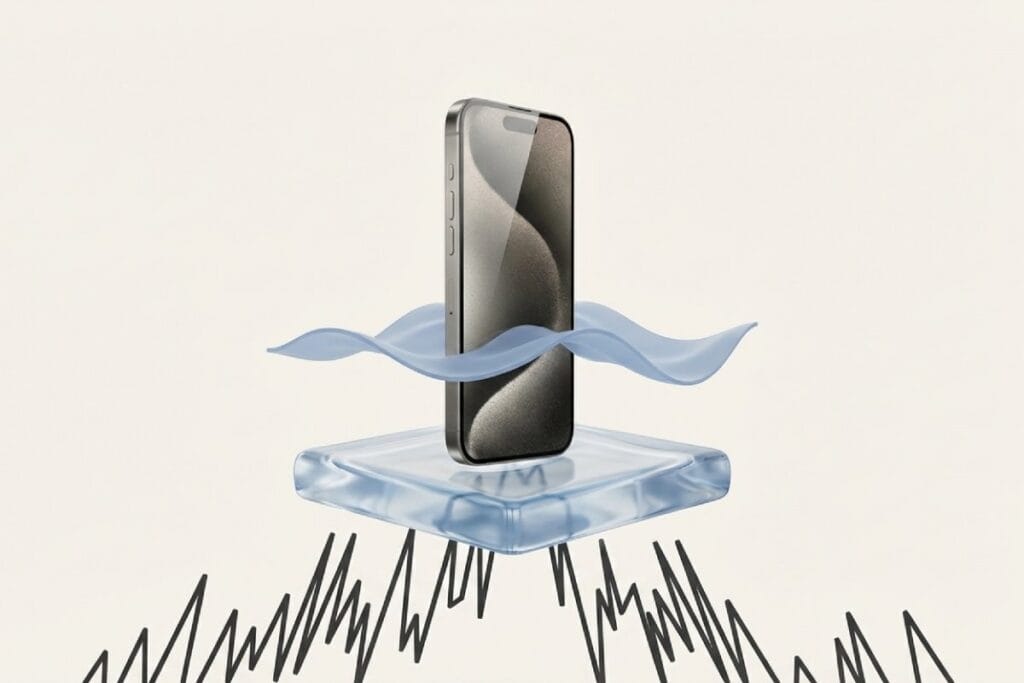 スマホが振動を受ける様子を表した図。バイク用スマホホルダーの振動対策でカメラ故障リスクを減らすイメージ