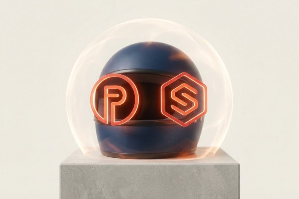 ヘルメットの横にPSC・SGを想起させる記号が配置されたビジュアル（バイク用フルフェイスヘルメットの安全規格チェック）