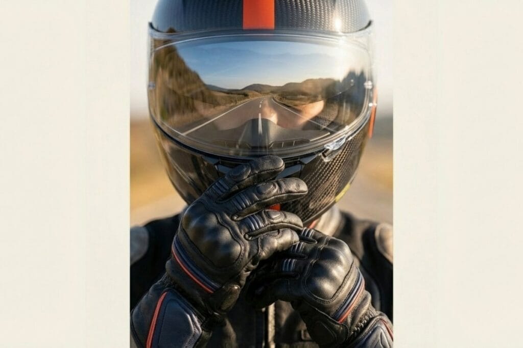 グローブをした手でシールド周りを操作するフルフェイスヘルメットのアップ（高速走行を想定した密閉性・快適性のイメージ）