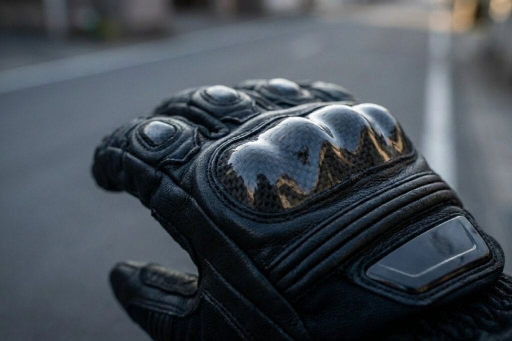 ナックルプロテクター付きバイクグローブ。拳部分のハードプロテクターで衝撃対策。