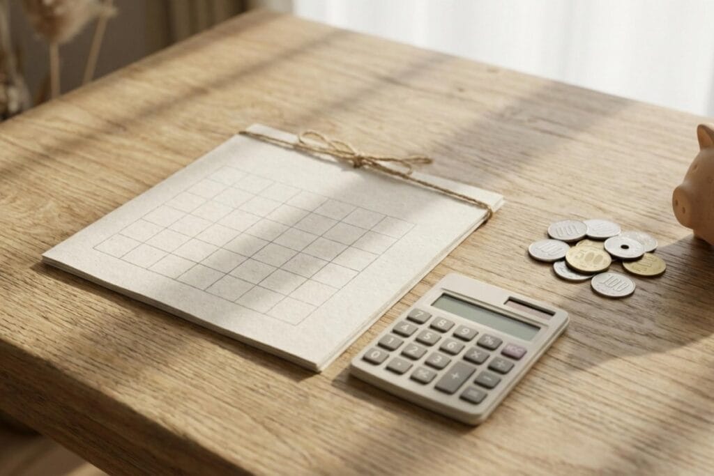 木製テーブルの電卓と家計ノート、豚の貯金箱と硬貨。バイク免許合宿の費用見積もりと予算管理。