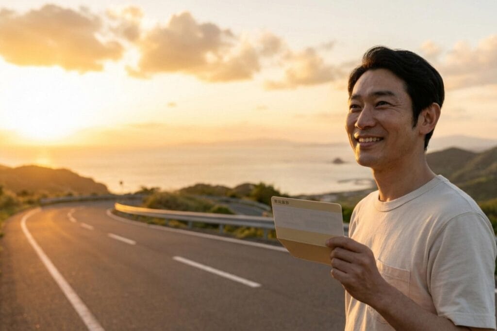 道路沿いで書類を手にする男性と夕景の背景。バイク買取の売却手続きを完了し次の移動手段へ切り替える状態。