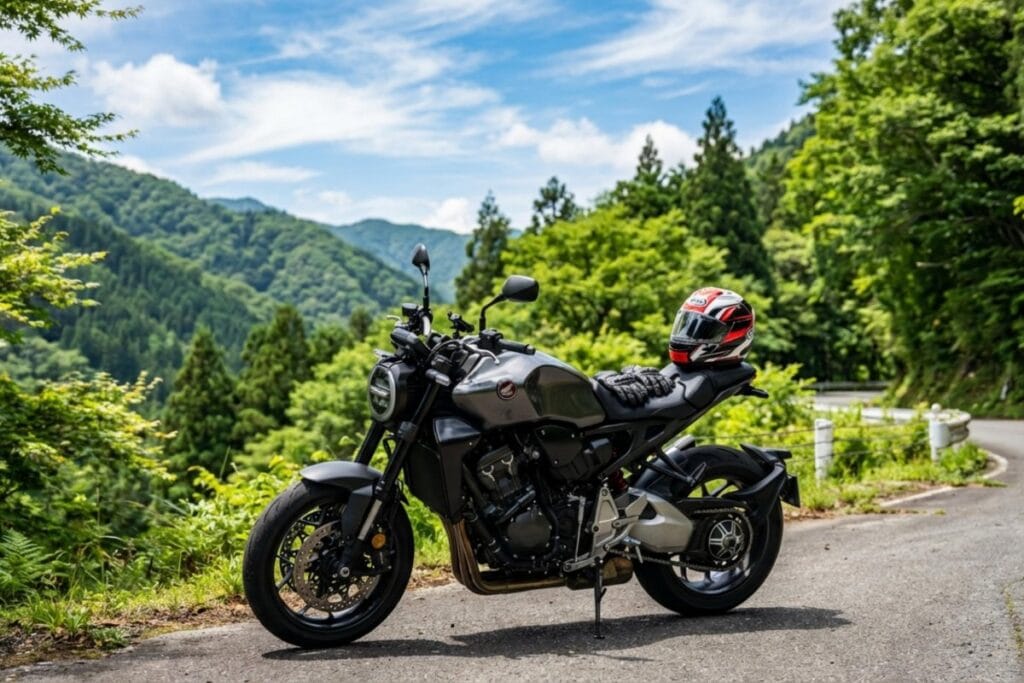 山道の路肩に停車したネイキッドバイクとヘルメット。バイク免許合宿で免許取得後のツーリング準備。