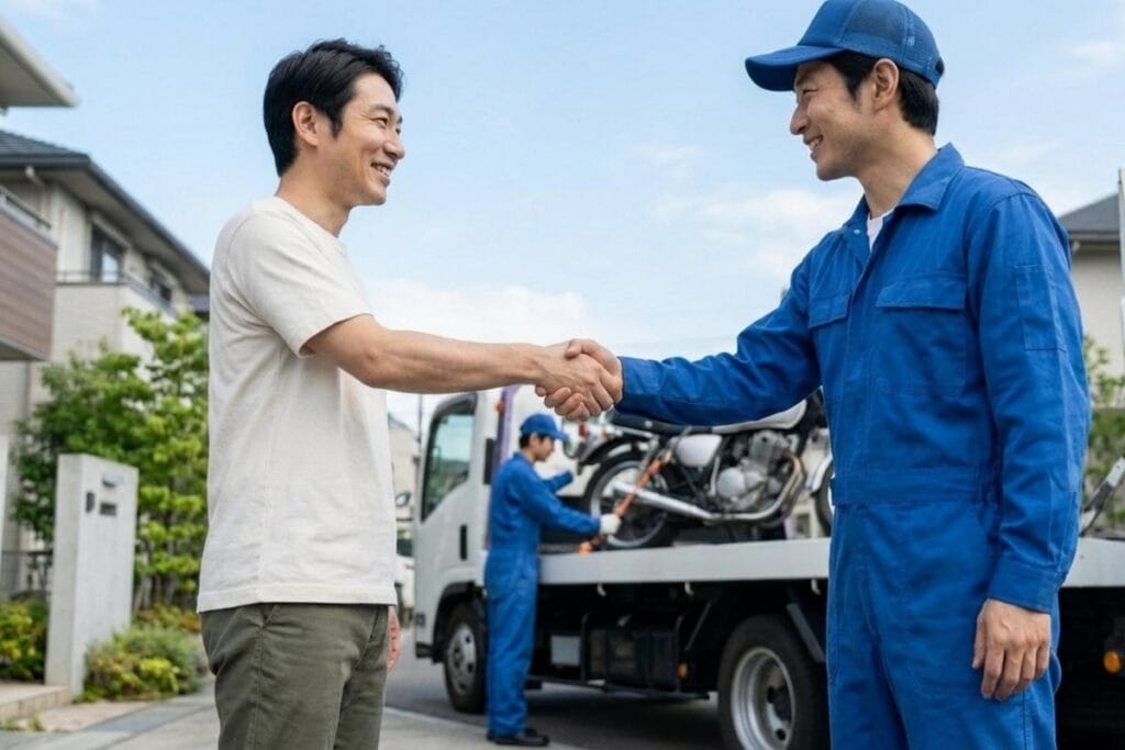 自宅前で査定員がバイクを目視点検し、後方に搬送トラックが停車している。不動車の出張査定と引き取り準備をしている。