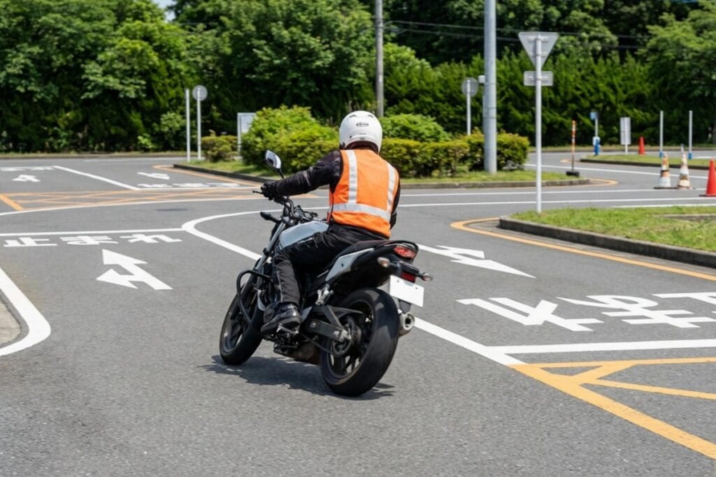二輪教習コースで反射ベストを着た教習生がバイクを走行。大型二輪とAT限定の技能教習風景。