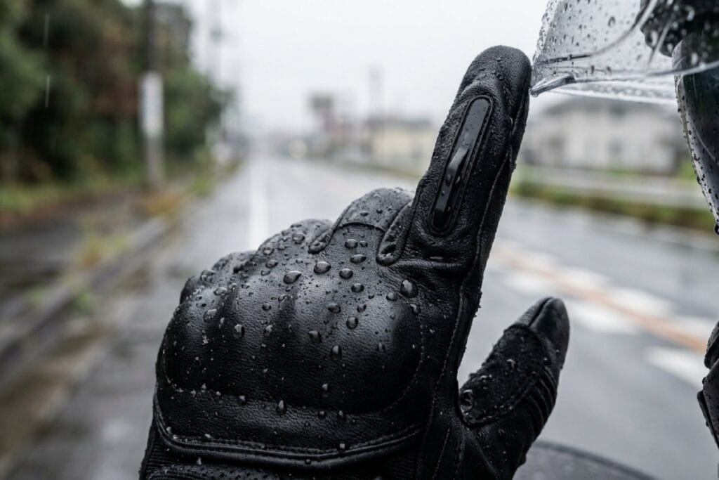 雨粒が付いた防水バイクグローブ。人差し指のシールドワイパーでヘルメットシールドの水滴を拭き取る。