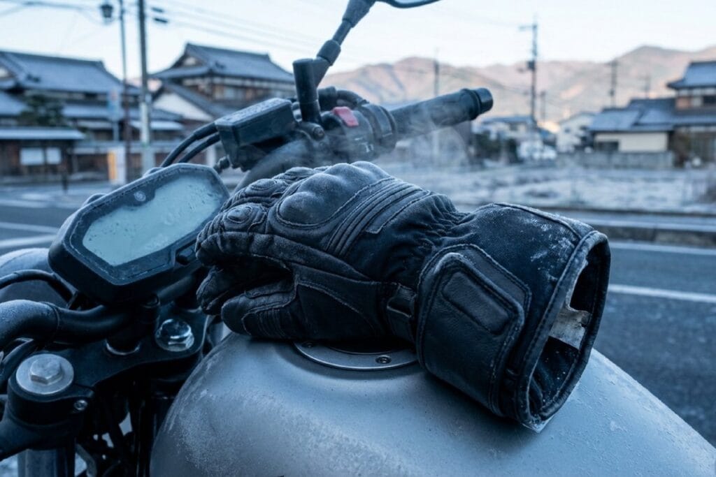 霜が付いたバイクと厚手の冬用バイクグローブ。低温環境で防寒グローブを使用する状態。