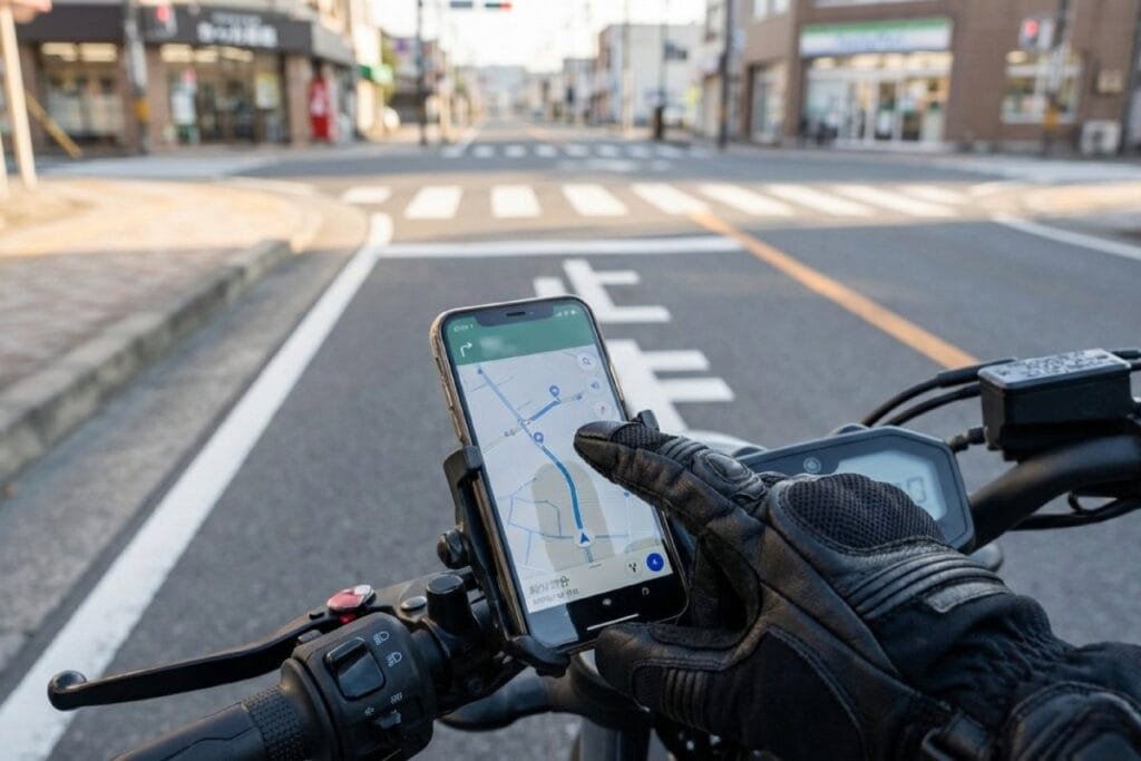スマホホルダーのナビ画面をタッチ操作するバイクグローブ。通勤走行でスマホ対応グローブを使用。