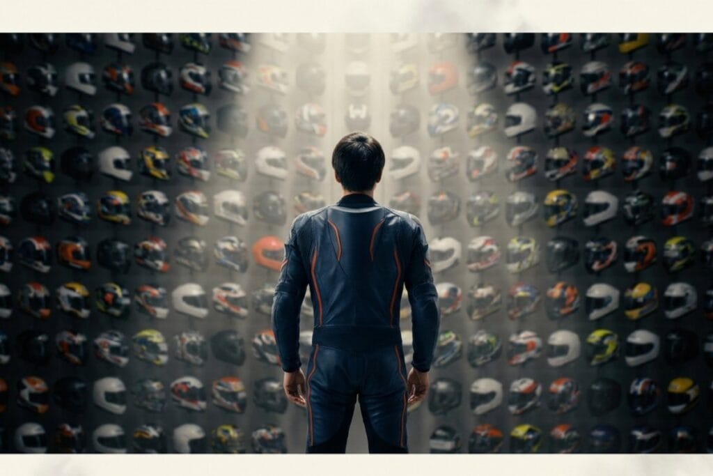 多数のフルフェイスヘルメットが並ぶ展示の前で、ライダーがヘルメット選びに迷う様子（バイク用フルフェイスヘルメットのおすすめ・選び方のイメージ）