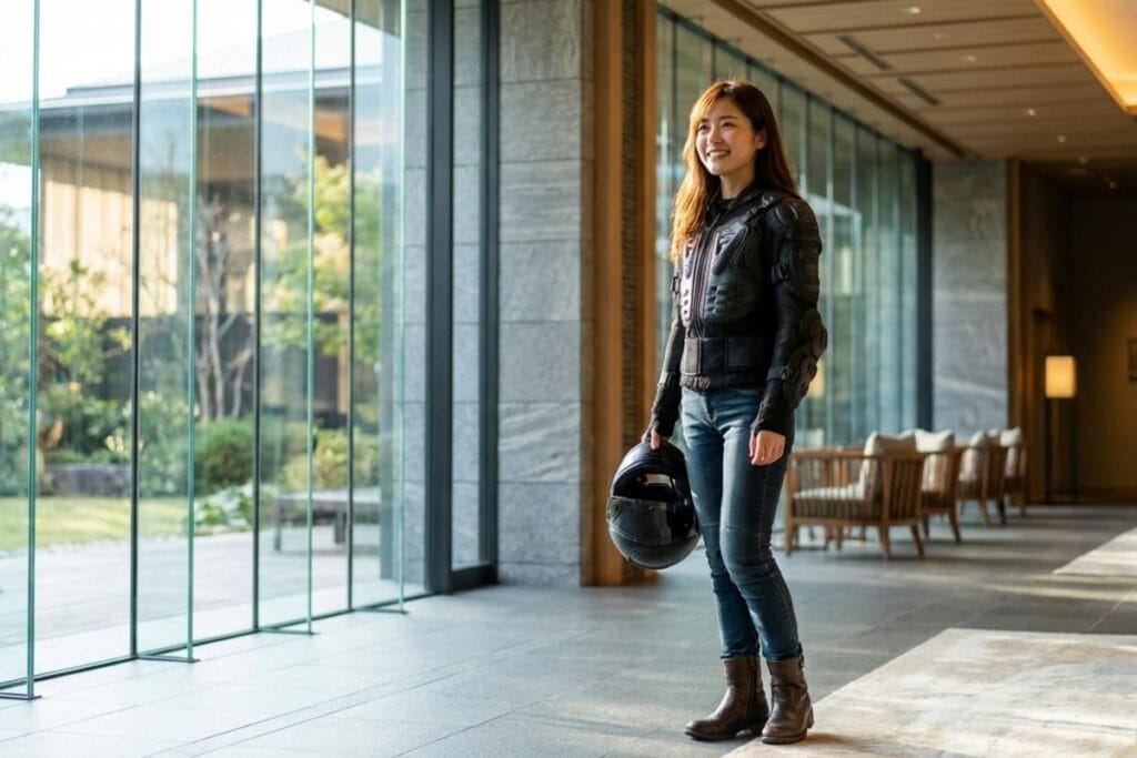 宿泊施設のロビーでヘルメットを持つ女性参加者。バイク免許合宿のホテルプランと個室選択。