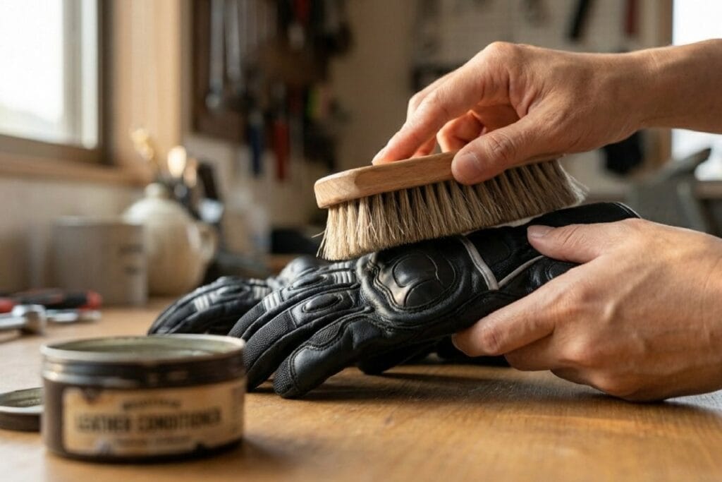 ブラシでレザー製バイクグローブを手入れする手。革用クリームで汚れ落としと保革を行う。