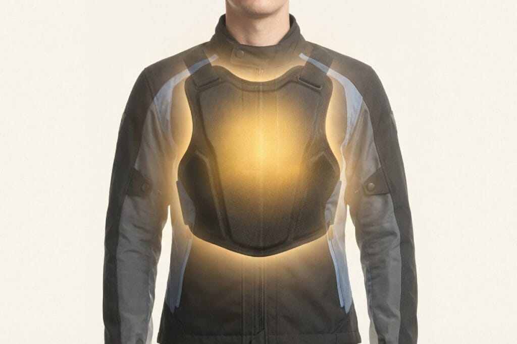 ジャケットの下に胸部プロテクターを装着した上半身の画像。胸部を守るプロテクターの必要性が分かる