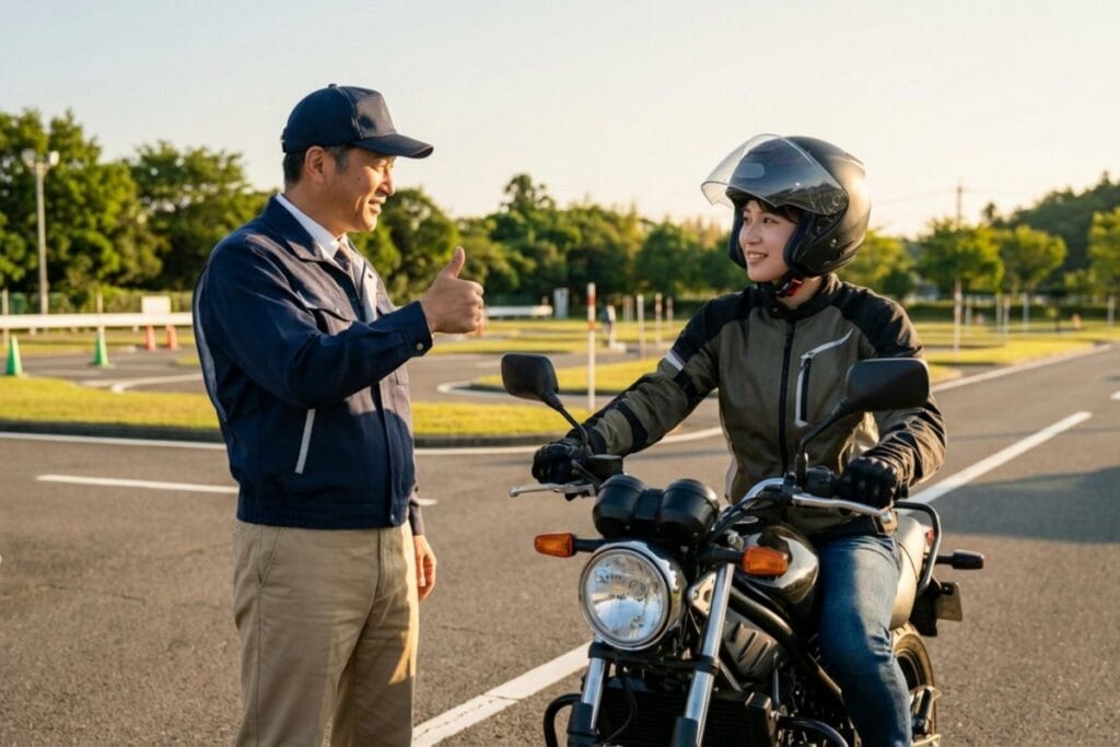 教習指導員が親指を立て、二輪車に乗る女性教習生に声をかける。女性一人参加のバイク合宿の技能教習。