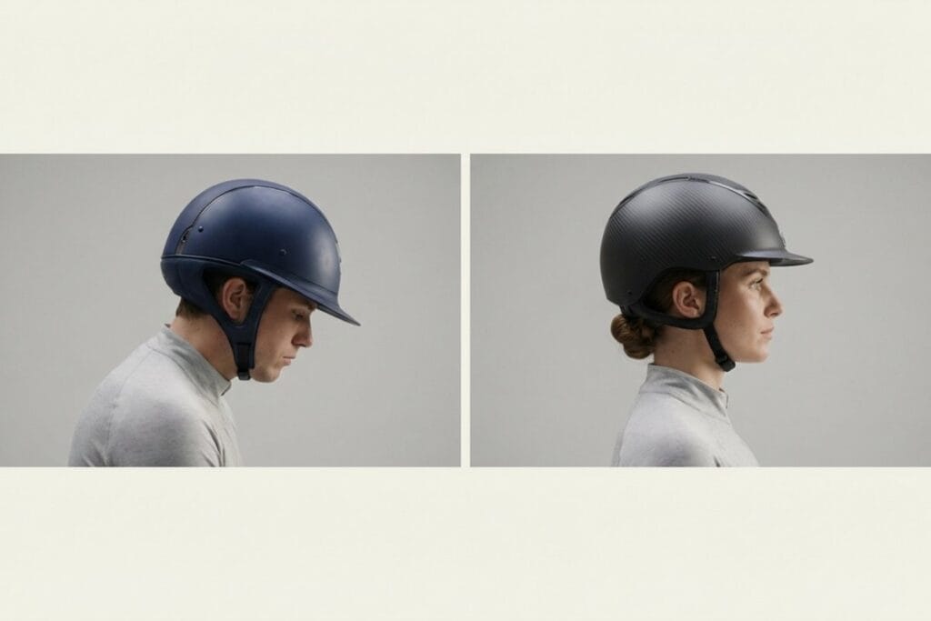 男女がヘルメットを横から着用してフィット感を比較するイメージ（フルフェイスヘルメットのサイズ選び・レディース対応）