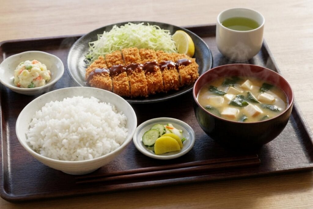 とんかつ定食のトレーにご飯と味噌汁、小鉢とお茶。合宿免許の3食付きプランの食事内容。
