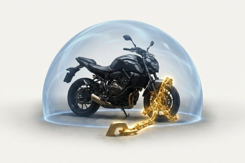 チェーンロックとアンカーでバイクを固定する防犯イメージ。盗難防止ロックとカバーで愛車を守る対策を表現