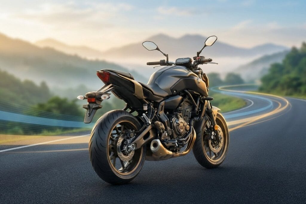 山道のワインディングに停車するバイクの風景写真。ツーリングに向けたバイク用品・装備選びの導入イメージ