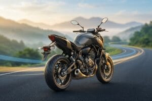 山道のワインディングに停車するバイクの風景写真。ツーリングに向けたバイク用品・装備選びの導入イメージ