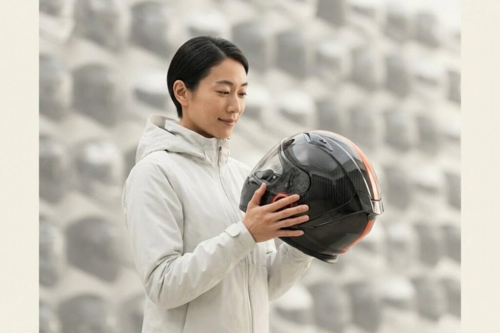 ヘルメットを手に取って確認する人物の写真（主要メーカーのフルフェイスヘルメットを比較検討するイメージ）