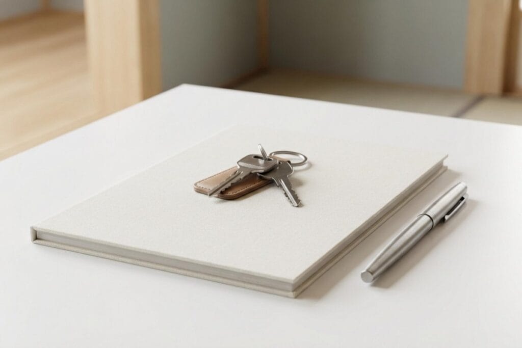 ノートの上に置かれたバイクの鍵とペン。車検証など必要書類と鍵を揃えてローン残債売却手続きの準備をしている。
