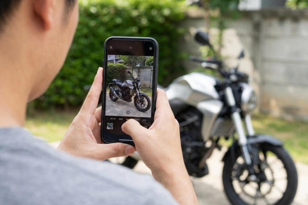 スマホでバイクの車体写真を撮影する手元と背景のバイク。画像査定に提出する査定用写真を撮っている。