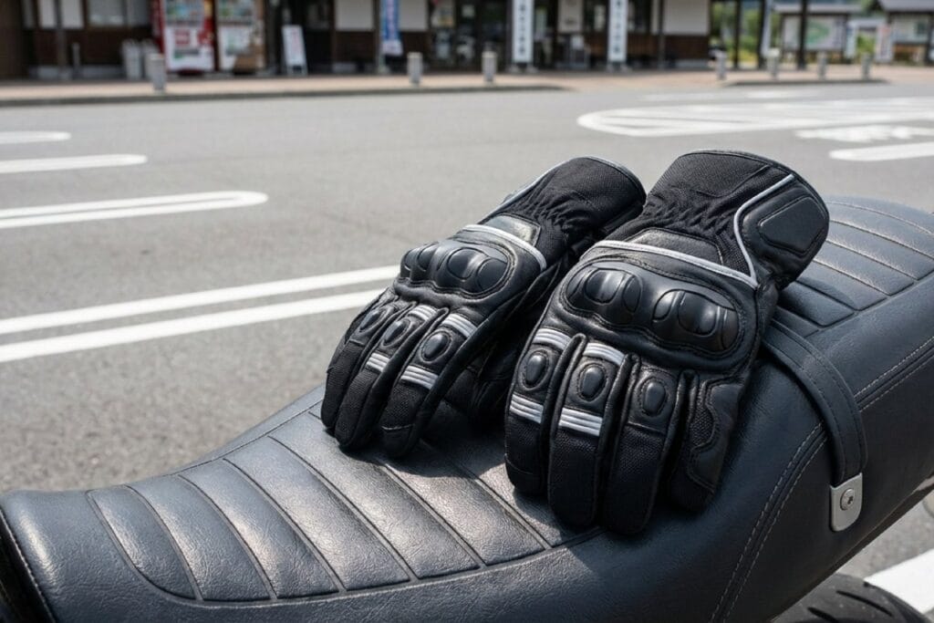 バイクシートの上に置かれたプロテクター付きバイクグローブ。複数モデルを比較して選定する状態。