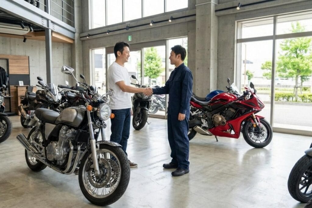 バイク展示のある販売店内で客とスタッフが握手している。下取りを含む乗り換え相談が成立している。