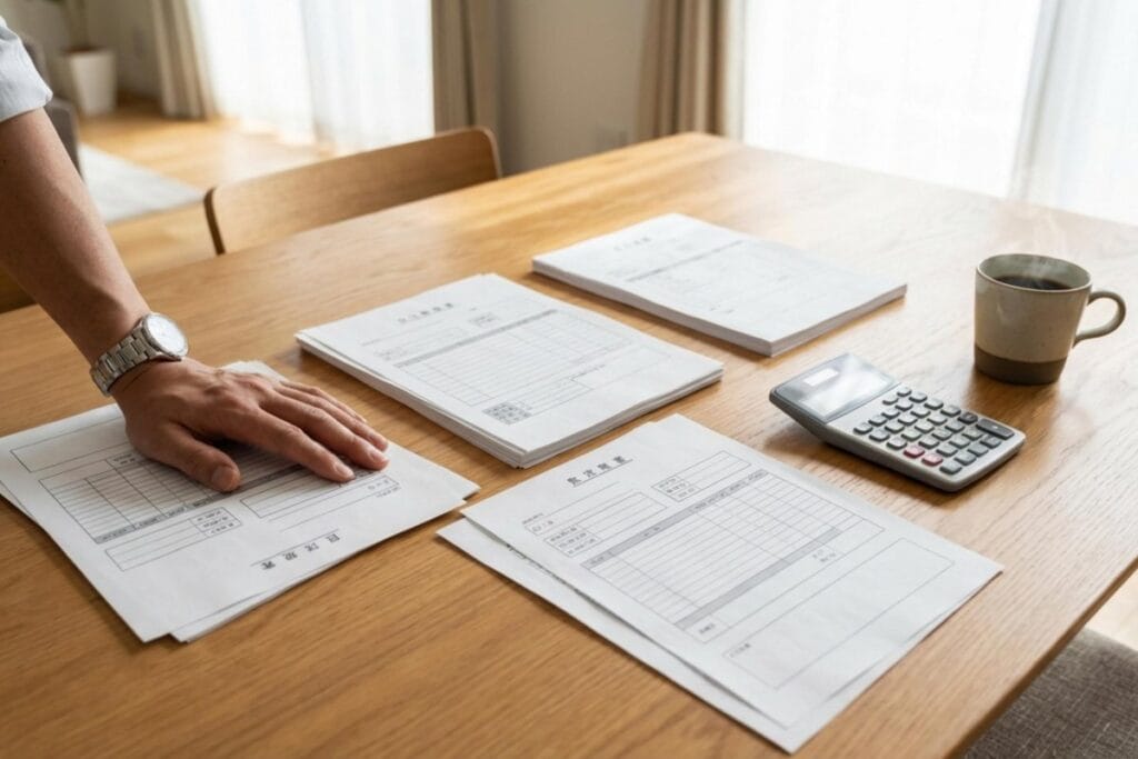 机の上の申込書類と見積書、電卓、手を添えた人物。バイク買取の費用条件と残債を含む支払い計算をしている。