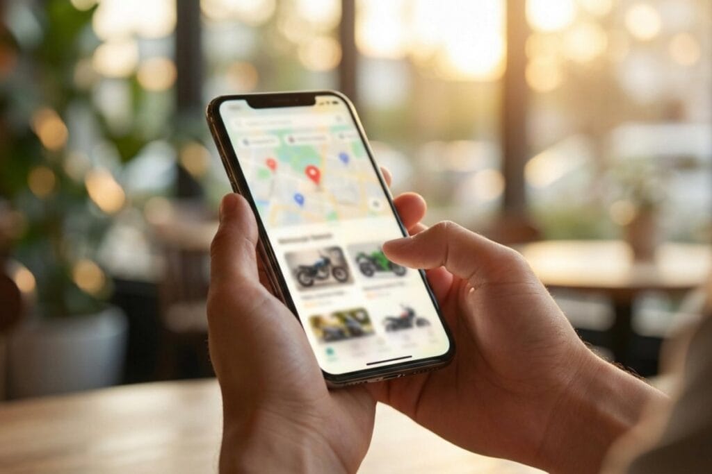 スマートフォンで合宿免許プラン検索画面を操作する手。バイク免許合宿の料金比較と空き状況確認。